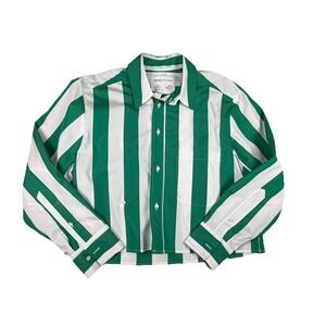 Wear Cissa Green White Bold Stripe Shorty Cropped Button Down Shirt M/L EUC